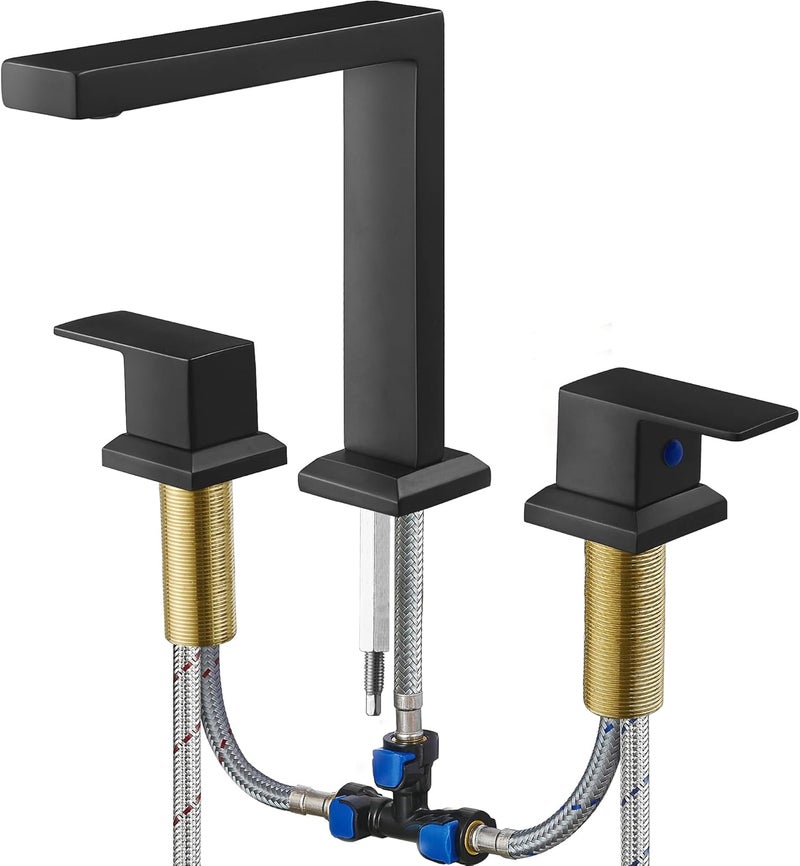 HEYMYTAP Black High Flow Bath Tub Faucet Set 3 Hole, Brass Deck Mount Roman Bathtub Faucet, 2 Handle & Longer Spout Reach with No Leaks Cartridge, Pre-Install 1/2" NPT Female Water Supply Line - Image 1